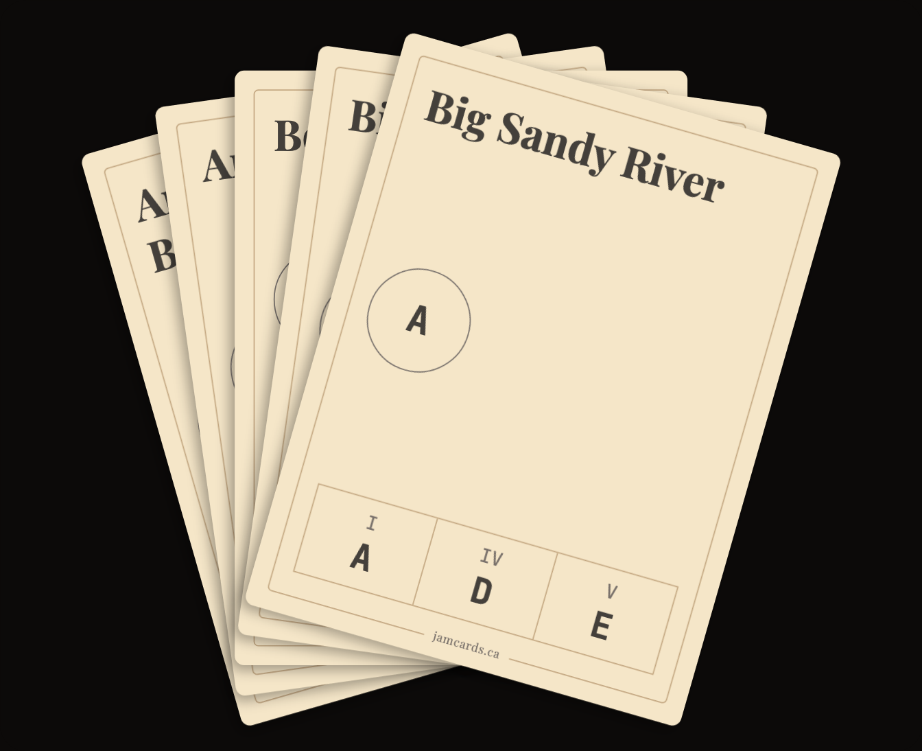 Jam Card front — song title, key, and style